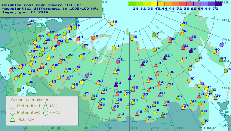Weighted root-mean-square 'OB-FG' geopotential differences in 1000-100 hPa layer, gpm
