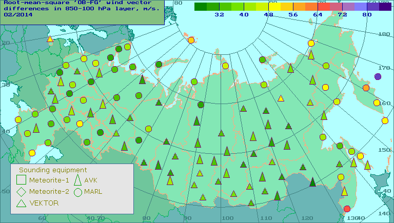 Root-mean-square 'OB-FG' wind vector differences in 850-100 hPa layer