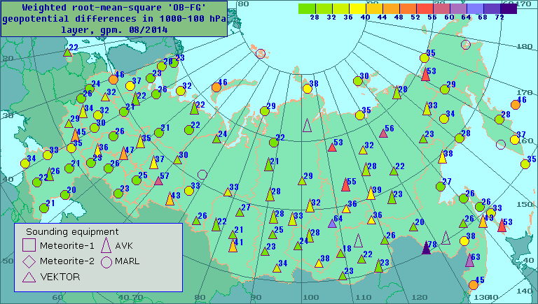 Weighted root-mean-square 'OB-FG' geopotential differences in 1000-100 hPa layer, gpm