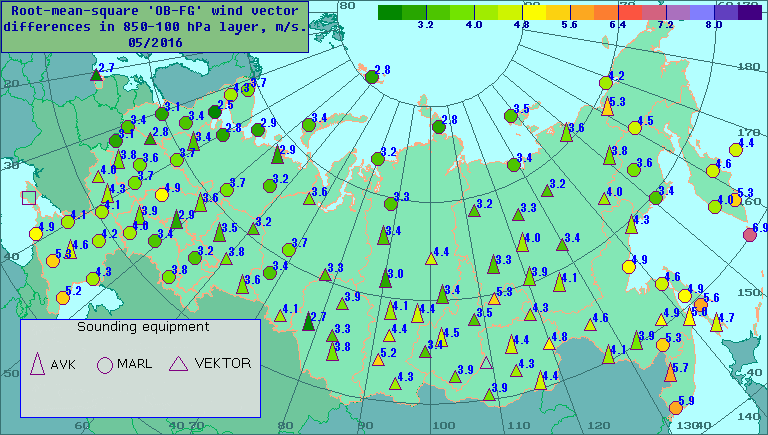 Root-mean-square 'OB-FG' wind vector differences in 850-100 hPa layer