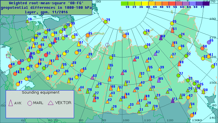 Weighted root-mean-square 'OB-FG' geopotential differences in 1000-100 hPa layer, gpm