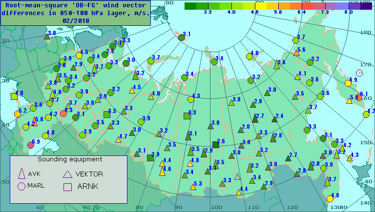 Root-mean-square 'OB-FG' wind vector differences in 850-100 hPa layer