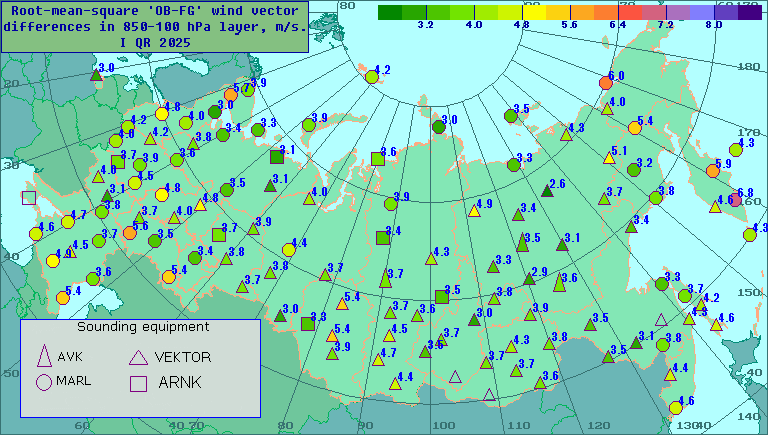 Root-mean-square 'OB-FG' wind vector differences in 850-100 hPa layer
