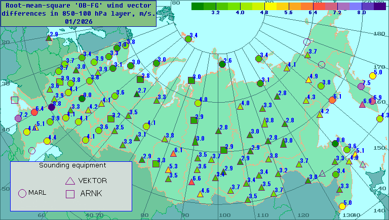 Root-mean-square 'OB-FG' wind vector differences in 850-100 hPa layer