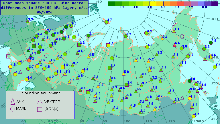 Root-mean-square 'OB-FG' wind vector differences in 850-100 hPa layer
