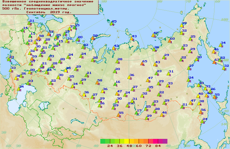 Взвешенное среднеквадратичное значение 'наблюдение-прогноз' для геопотенциала в слое 1000-100 гПа