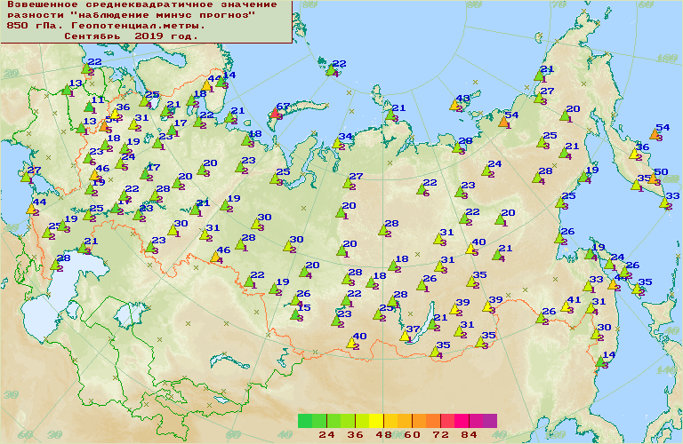 Взвешенное среднеквадратичное значение 'наблюдение-прогноз' для геопотенциала в слое 1000-100 гПа